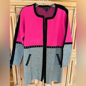 Elena Wang knit sweater/coat, pink, grey, black, XS, like new